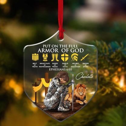 Personalized Woman Warrior Put On The Full Armor Of God Ephesians 6:10 Shield Acrylic Ornament