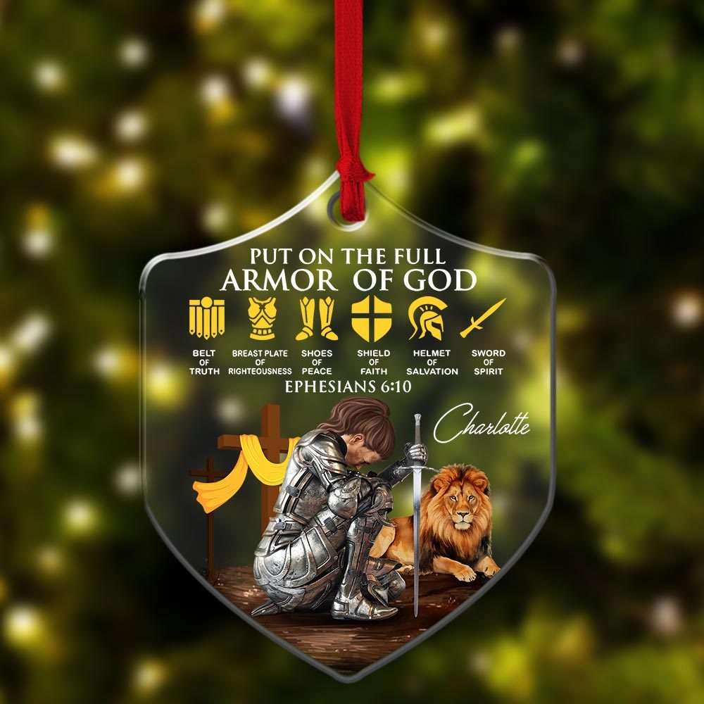 Personalized Woman Warrior Put On The Full Armor Of God Ephesians 6:10 Shield Acrylic Ornament