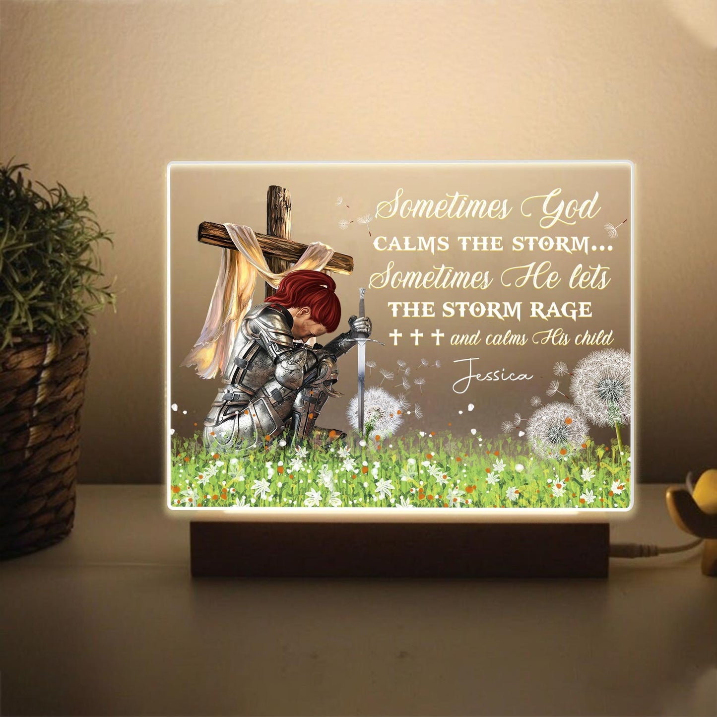 Personalized Woman Warrior Sometimes God Calms The Storm Acrylic Plaque LED Light Night