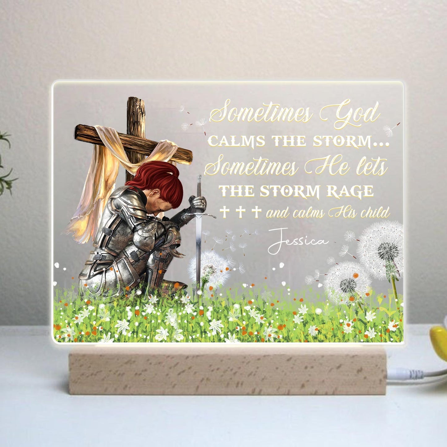 Personalized Woman Warrior Sometimes God Calms The Storm Acrylic Plaque LED Light Night