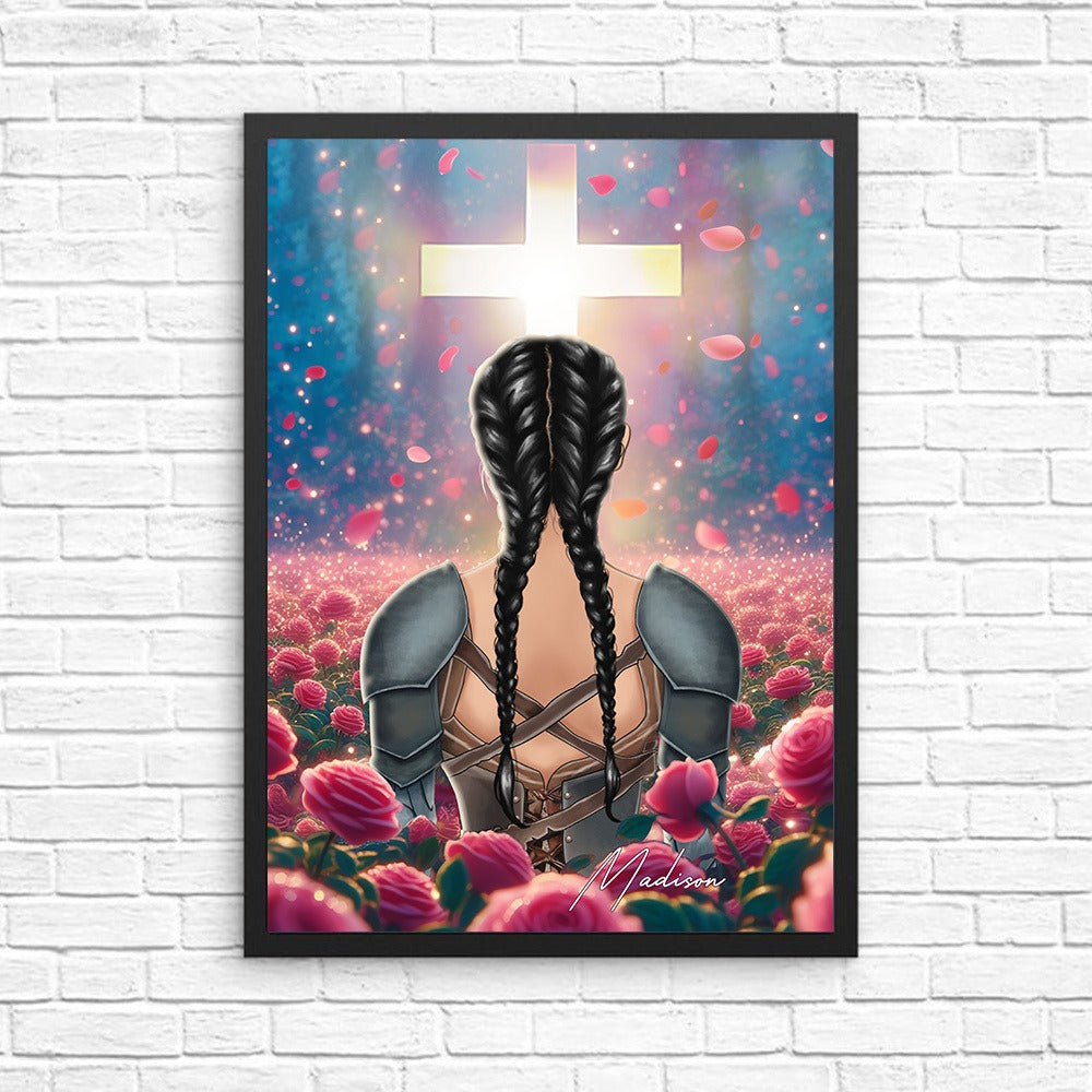 Personalized Woman Warrior in Rose Garden Faith-Inspired Poster Canvas