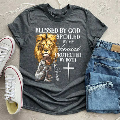 Personalized Woman Warrior of God Blessed by God Spoiled by My Husband T-Shirt