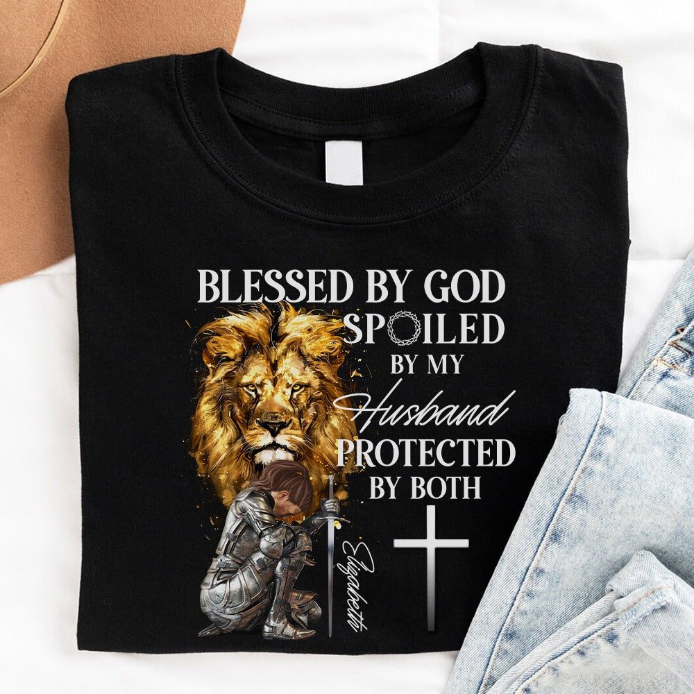 Personalized Woman Warrior of God Blessed by God Spoiled by My Husband T-Shirt