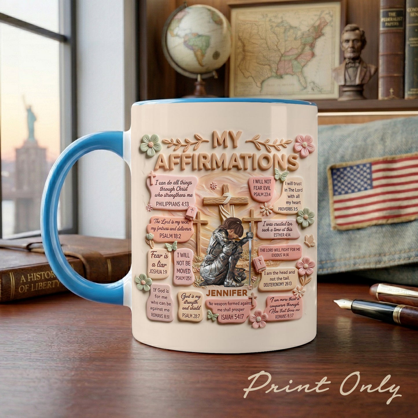 Personalized Woman Warrior of God Christian Bible Verse My Affirmations Accent Edge-to-Edge Mug