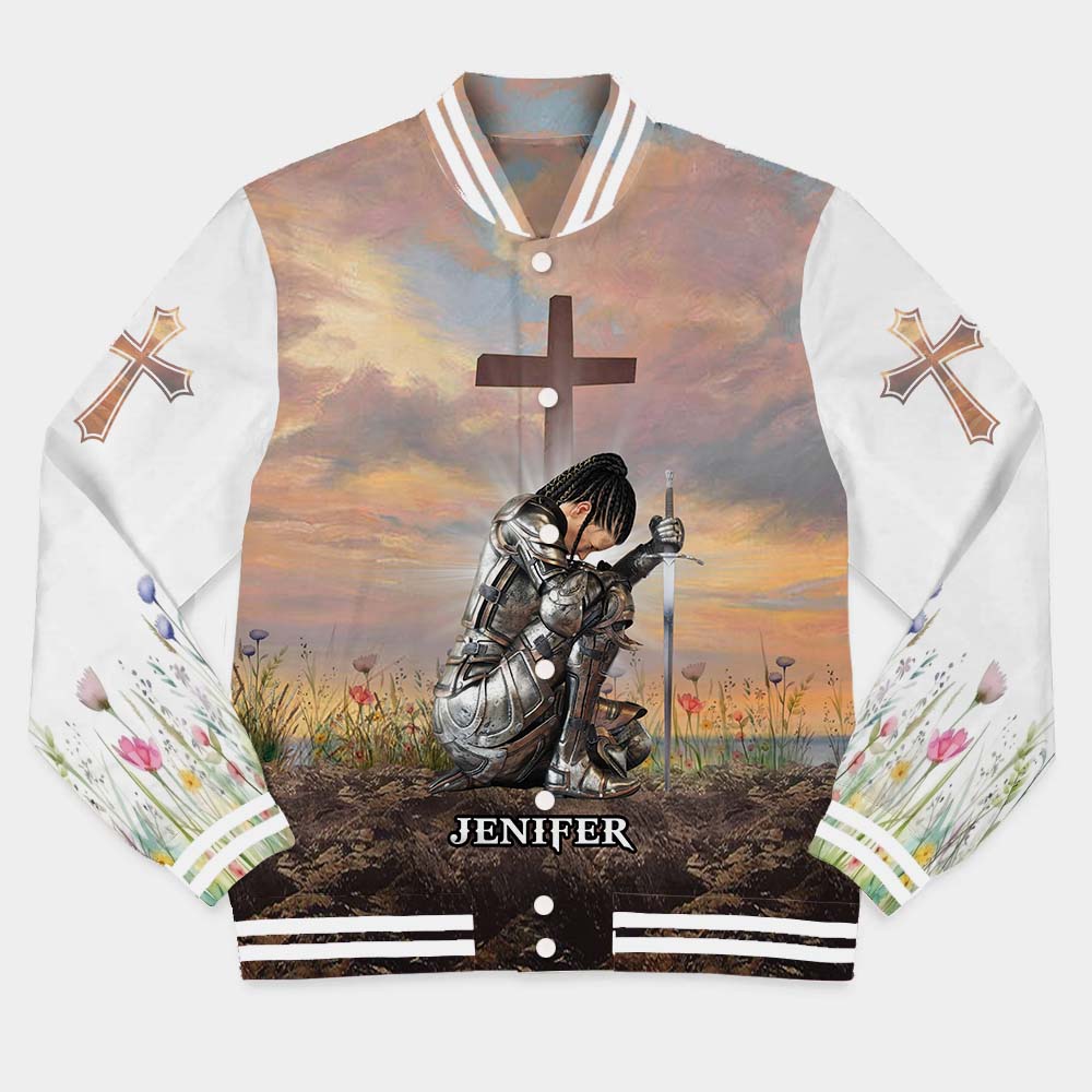 Personalized Woman Warrior of God I Am the Daughter of a King Varsity Jacket