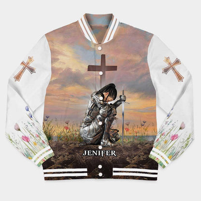 Personalized Woman Warrior of God I Am the Daughter of a King Varsity Jacket