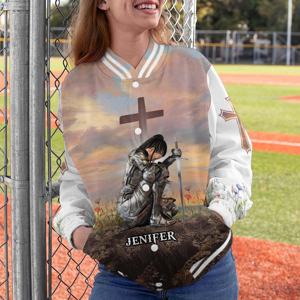 Personalized Woman Warrior of God I Am the Daughter of a King Varsity Jacket