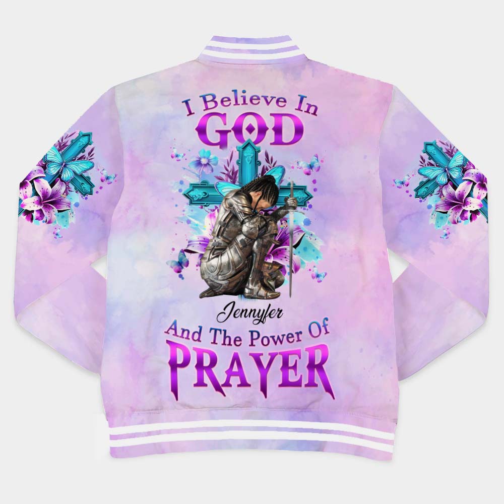 Personalized Woman Warrior of God I Believe in God and the Power of Prayer Varsity Jacket