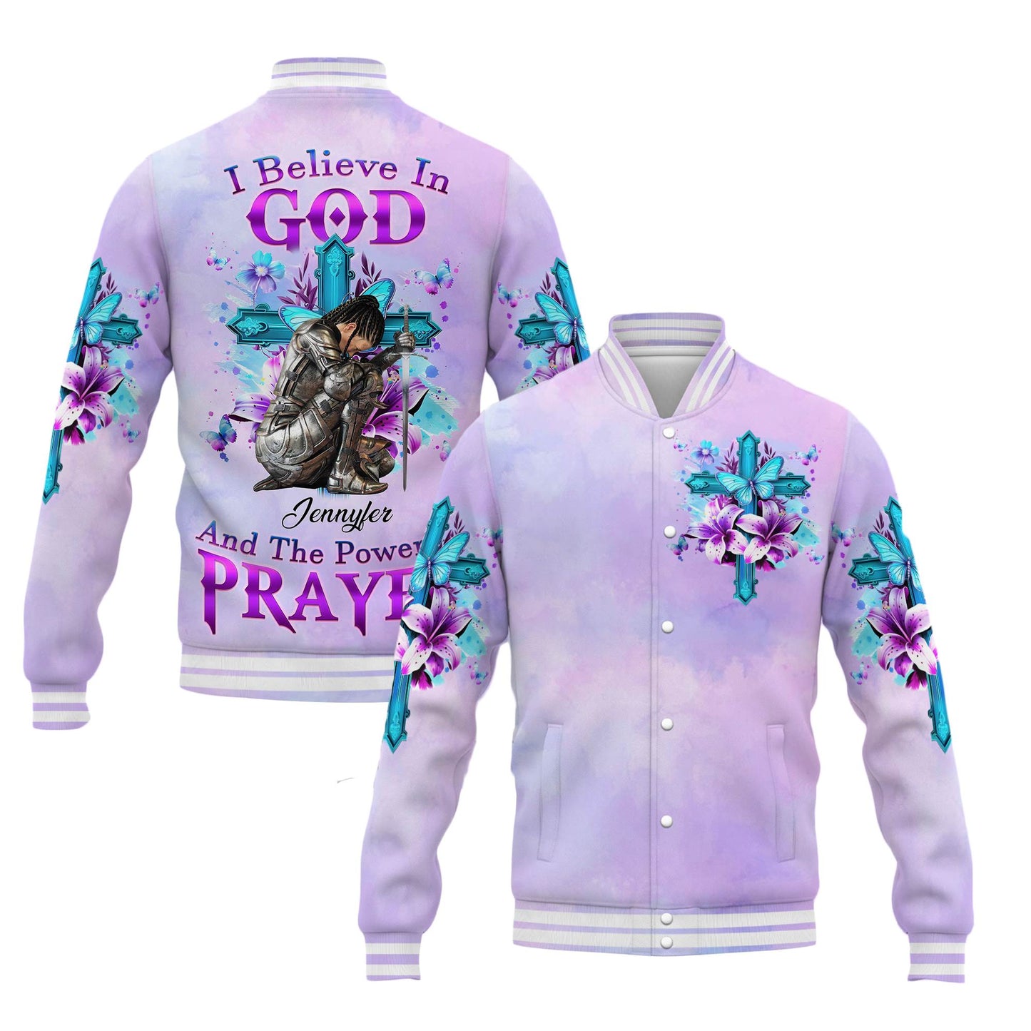 Personalized Woman Warrior of God I Believe in God and the Power of Prayer Varsity Jacket