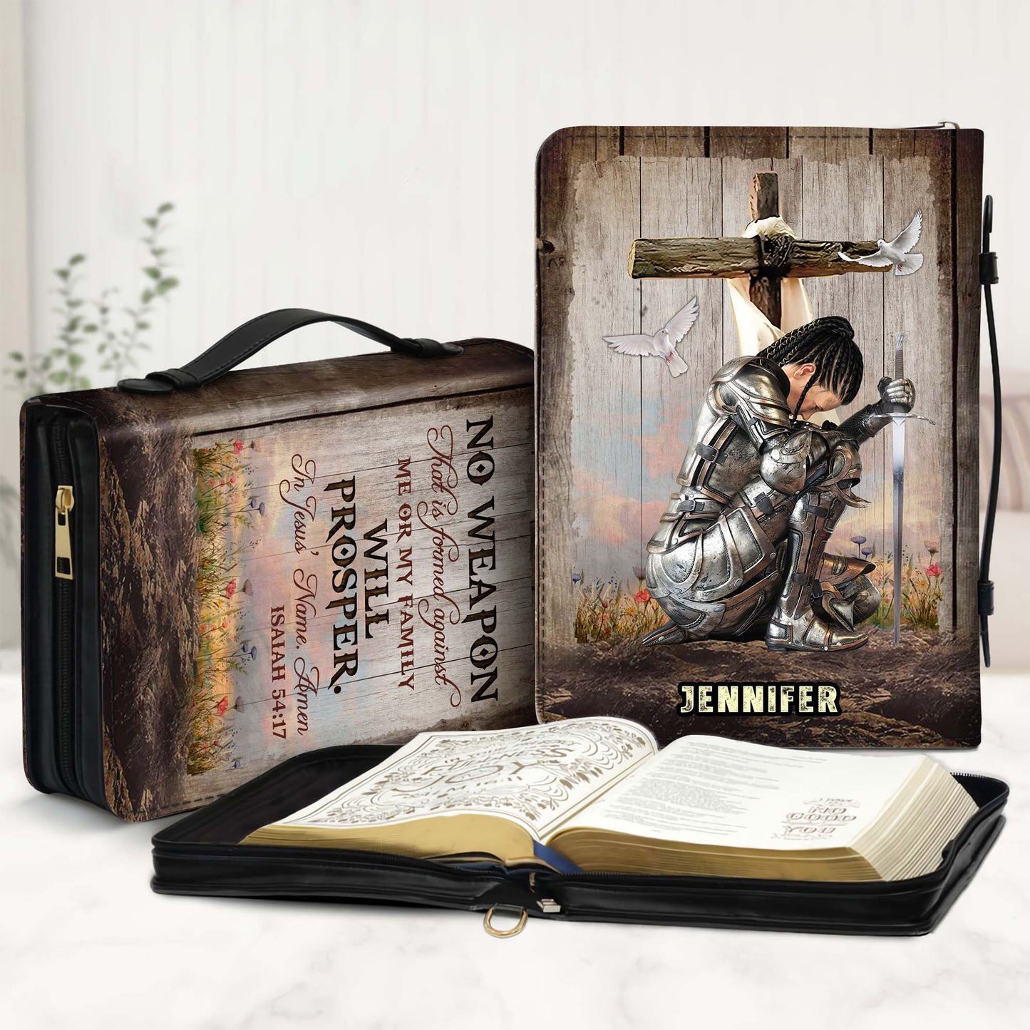 Personalized Woman Warrior of God No Weapon That Is Formed Against Me Isaiah 54:17 Leather Bible Cover