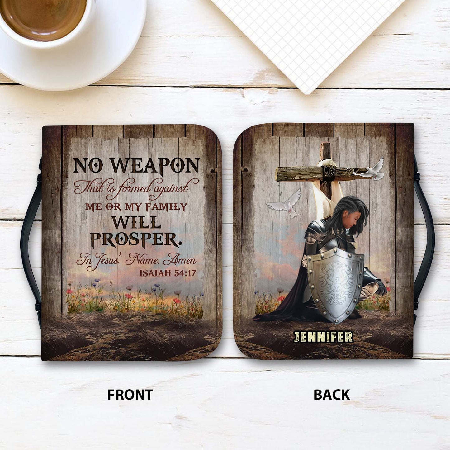 Personalized Woman Warrior of God No Weapon That Is Formed Against Me Isaiah 54:17 Leather Bible Cover