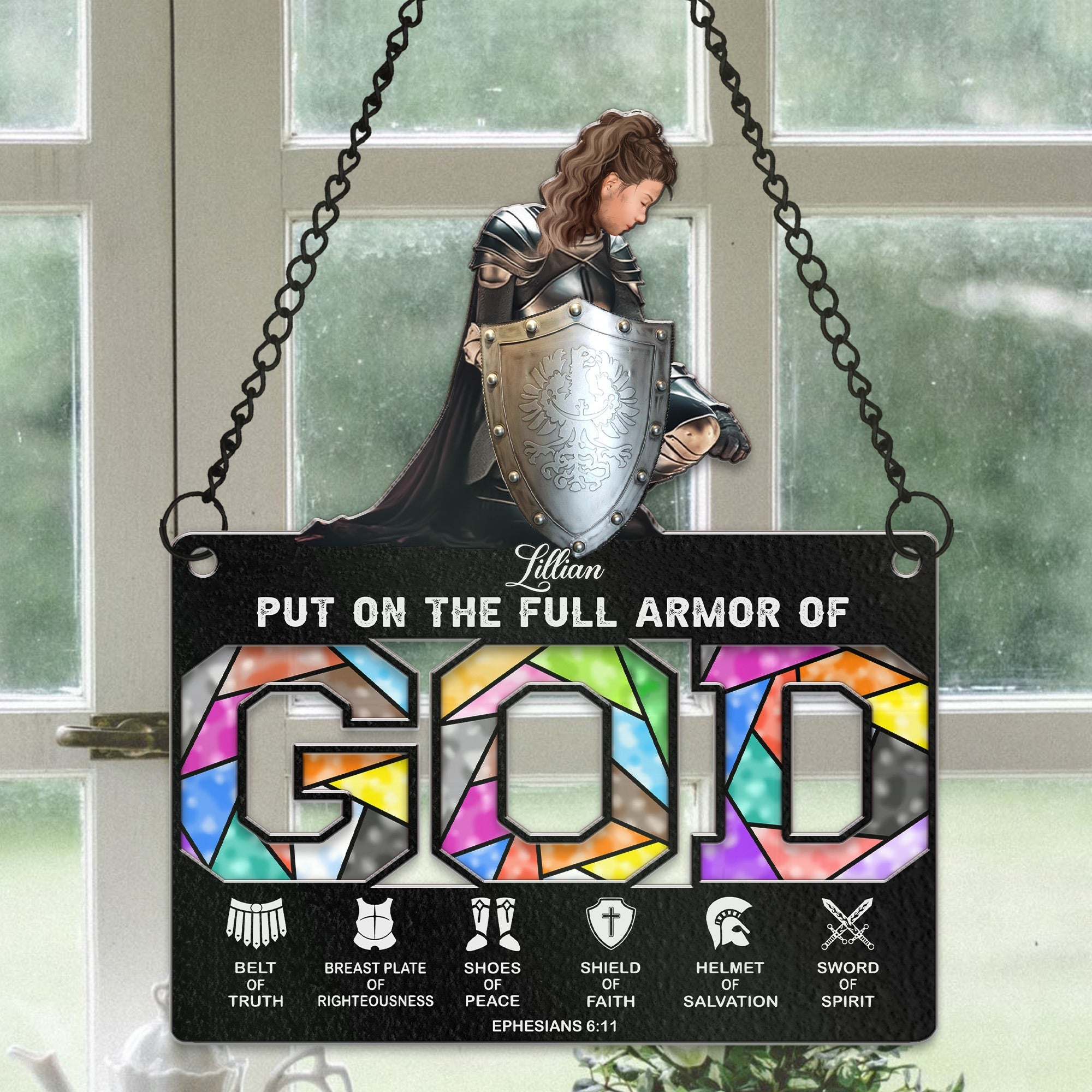 Personalized Woman Warrior of God Put On The Full Armor Of God Ephesians 6-10 Hanging Suncatcher Ornament