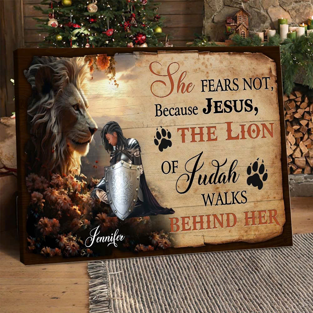 Personalized Woman Warrior of God She Fears Not Because Jesus Walks Behind Her Poster Canvas