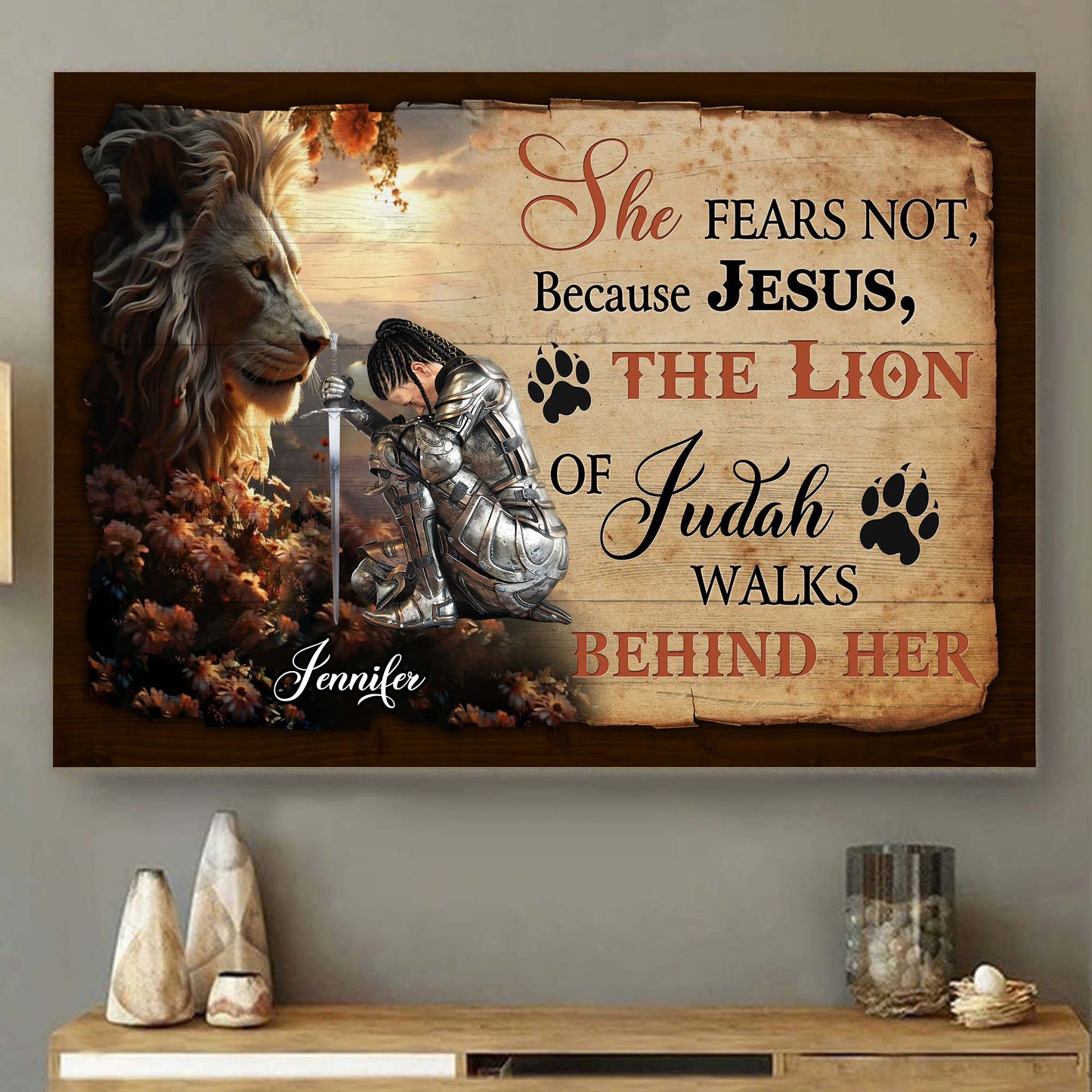 Personalized Woman Warrior of God She Fears Not Because Jesus Walks Behind Her Poster Canvas