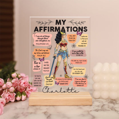 Personalized Wonder Woman Warrior Christian Bible Verse Affirmations, Child Of God Acrylic Plaque