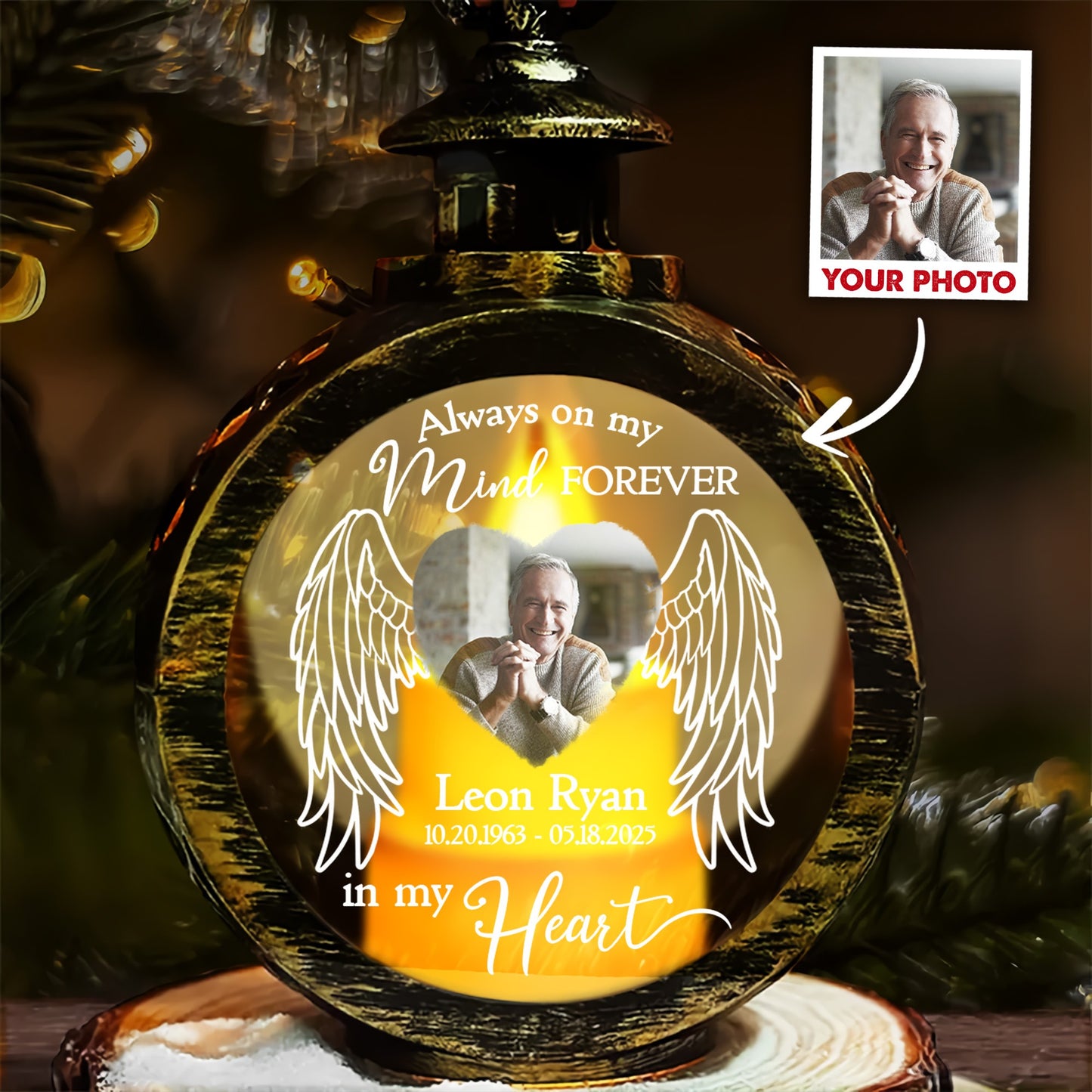 Personalized Memorial Photo Always On My Mind Forever In My Heart Candlelight Lantern Ornament