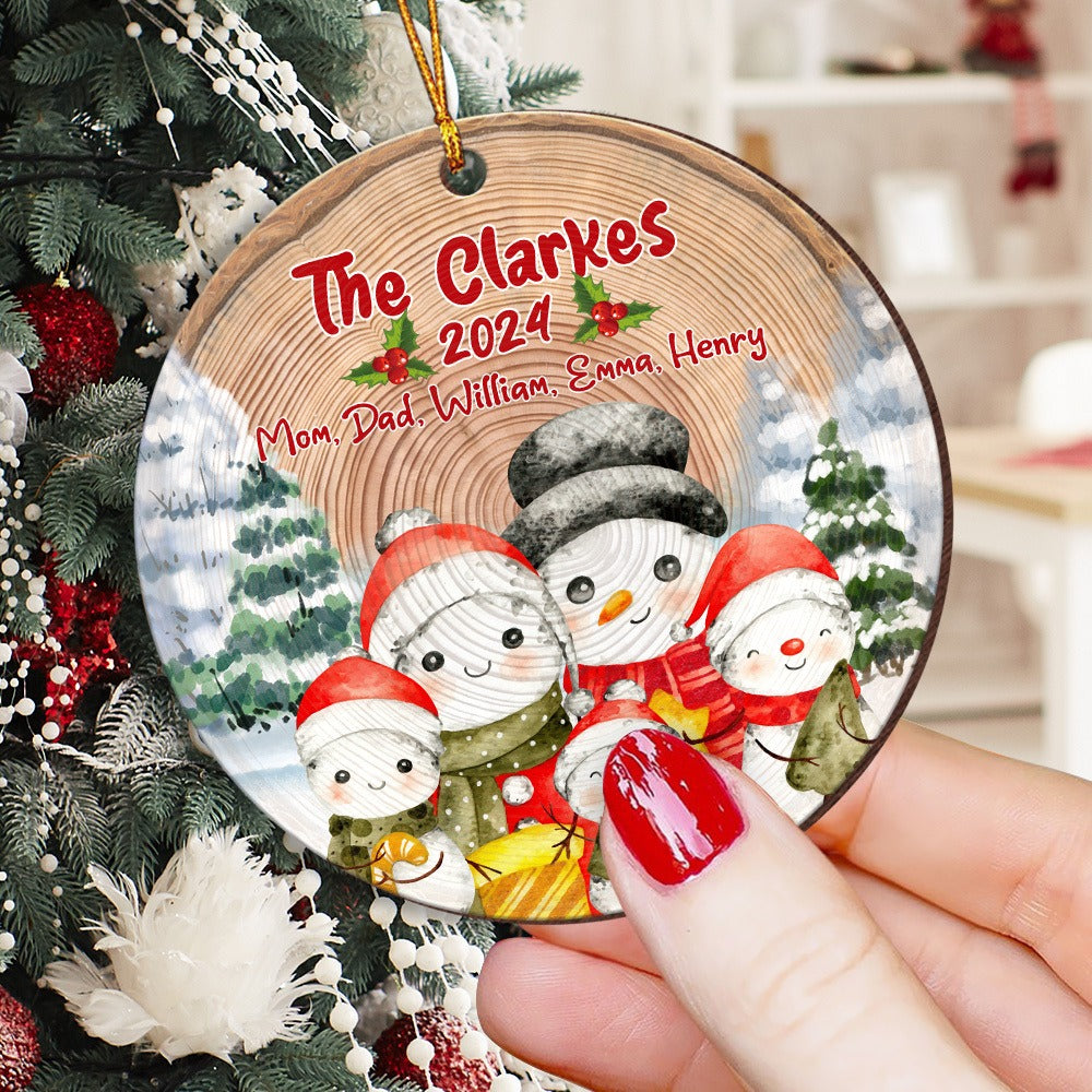 Personalized Family Snowman Christmas, Family Christmas Gift Circle Wooden Ornament