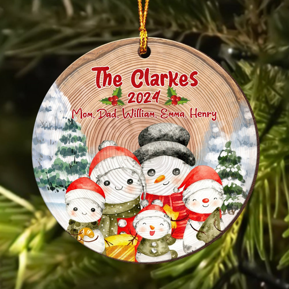 Personalized Family Snowman Christmas, Family Christmas Gift Circle Wooden Ornament