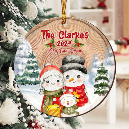 Personalized Family Snowman Christmas, Family Christmas Gift Circle Wooden Ornament