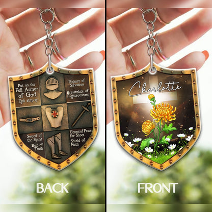 Put On The Full Armor Of God - Ephesians 6:13-17 Shield - Personalized Birth Month Flower Wooden Keychain