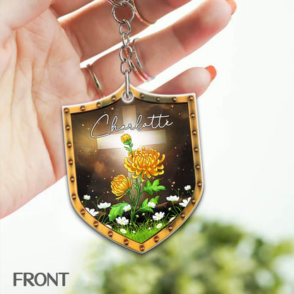 Put On The Full Armor Of God - Ephesians 6:13-17 Shield - Personalized Birth Month Flower Wooden Keychain