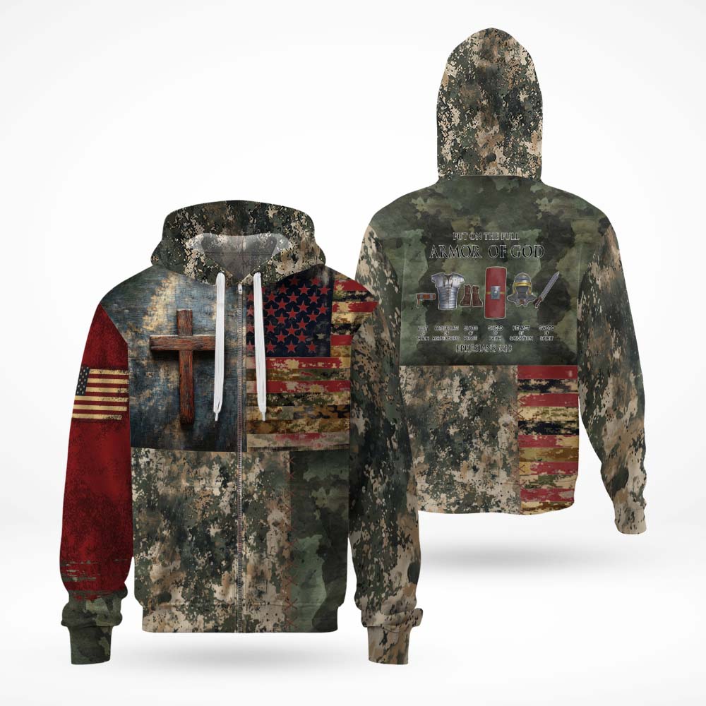 Put On The Full Armor of God Ephesians 6:10 American Flag Camo Cross 3D All Over Print T-Shirt and Hoodie