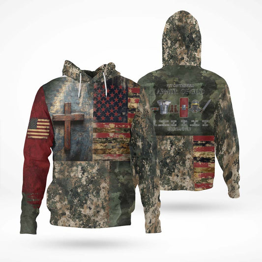 Put On The Full Armor of God Ephesians 6:10 American Flag Camo Cross 3D All Over Print T-Shirt and Hoodie