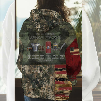 Put On The Full Armor of God Ephesians 6:10 American Flag Camo Cross 3D All Over Print T-Shirt and Hoodie