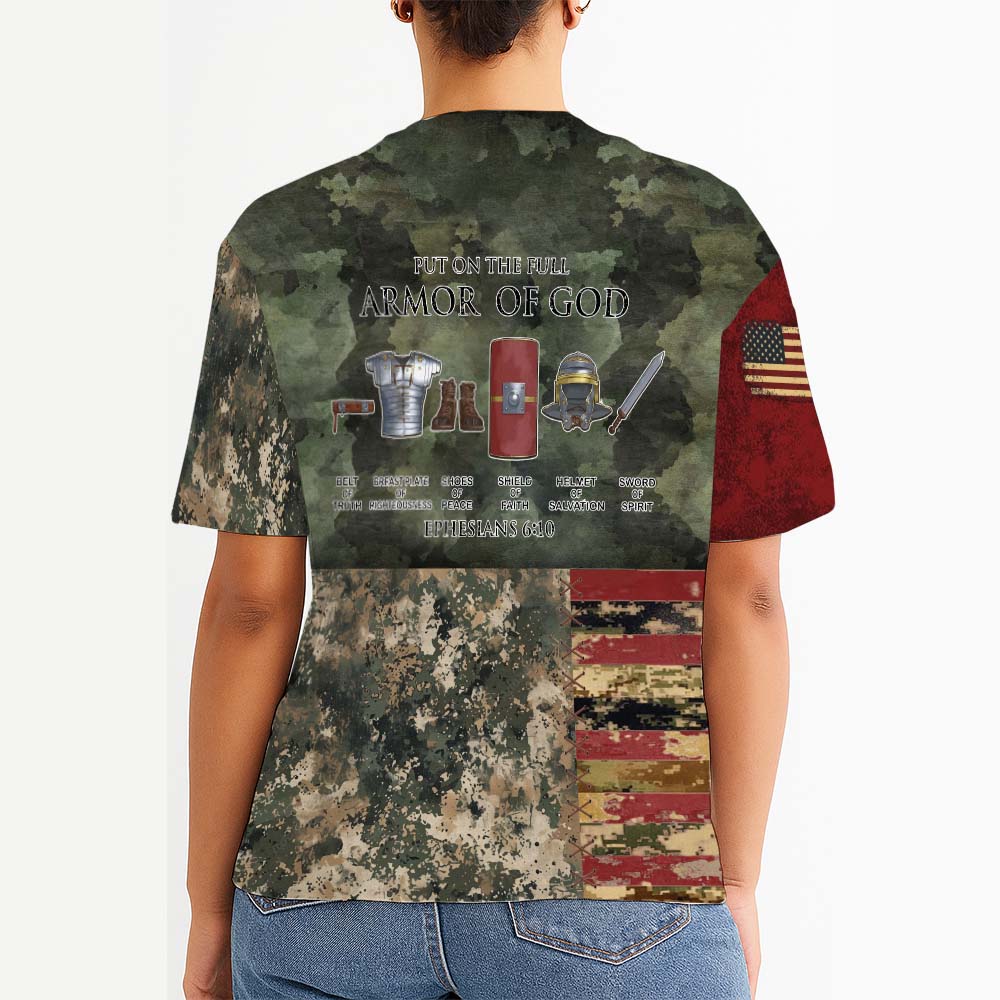 Put On The Full Armor of God Ephesians 6:10 American Flag Camo Cross 3D All Over Print T-Shirt and Hoodie