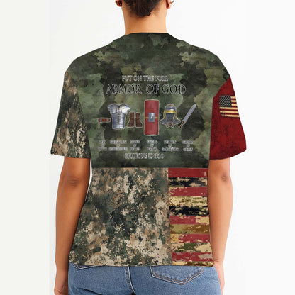 Put On The Full Armor of God Ephesians 6:10 American Flag Camo Cross 3D All Over Print T-Shirt and Hoodie