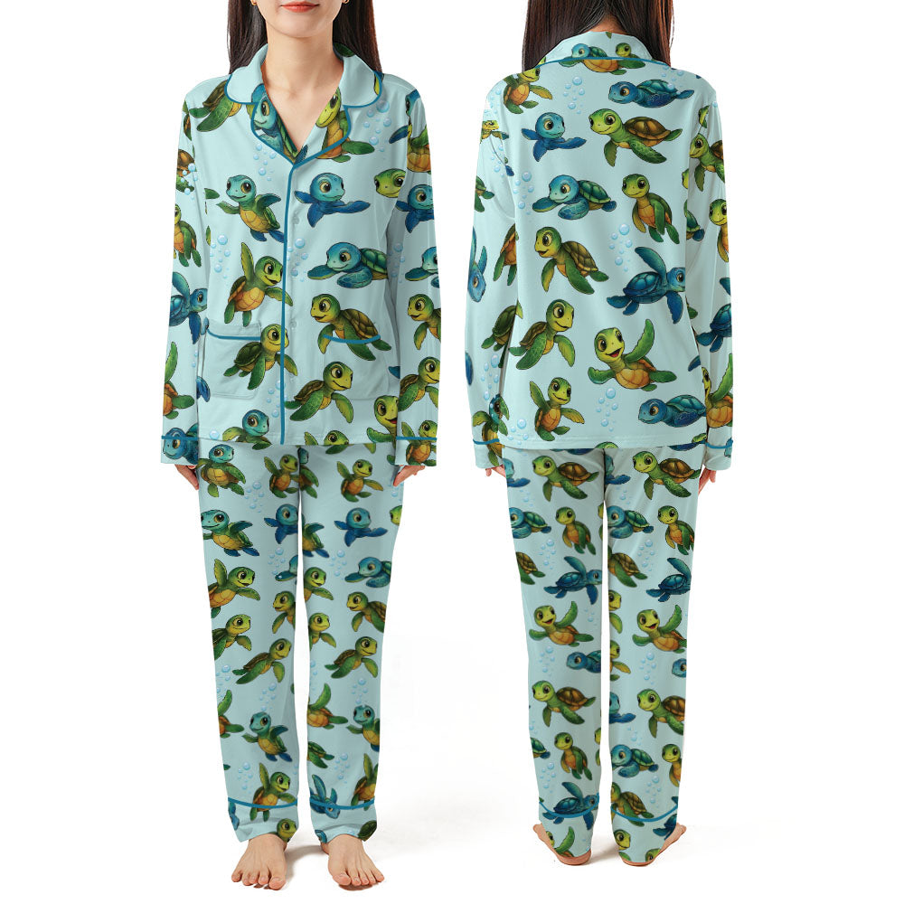 Sea Turtle Print Piping Pajama Set with Double Pockets