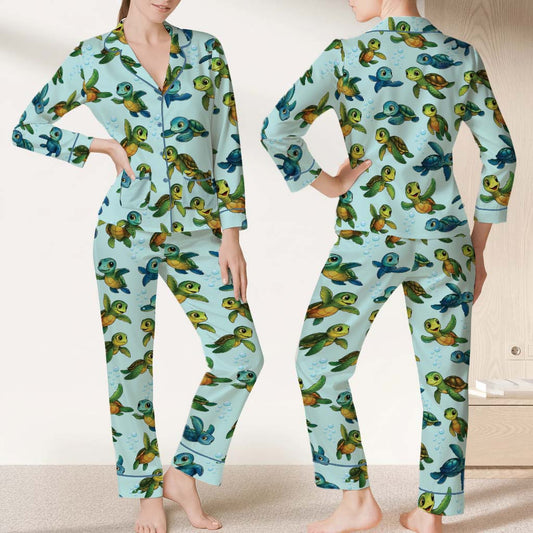 Sea Turtle Print Piping Pajama Set with Double Pockets