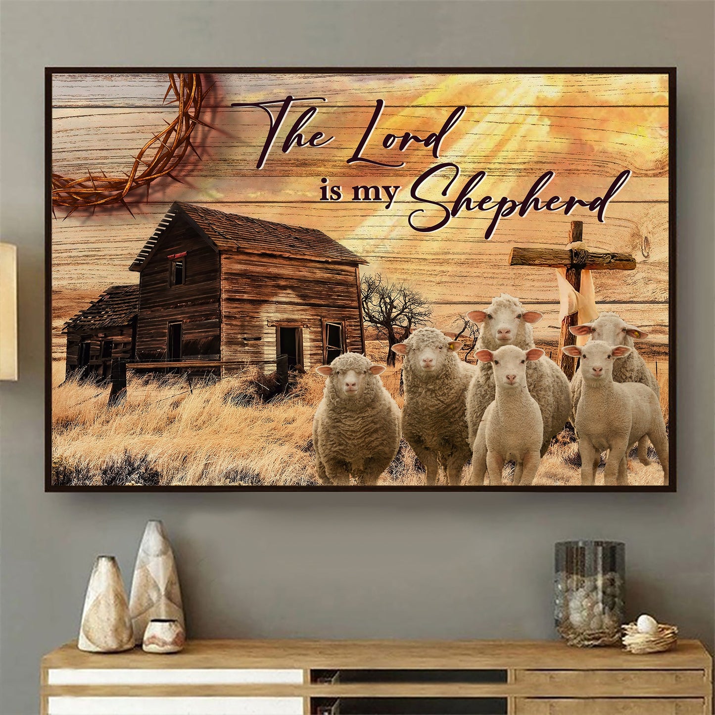 The Lord Is My Shepherd Psalm 23:1 Cross And Sheep Poster Canvas