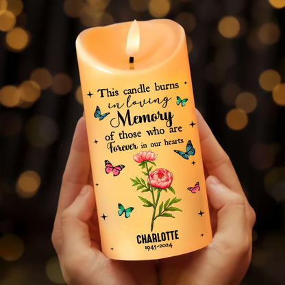 This Candle Burns In Loving Memory - Personalized Memorial Birth Flower Led Candle