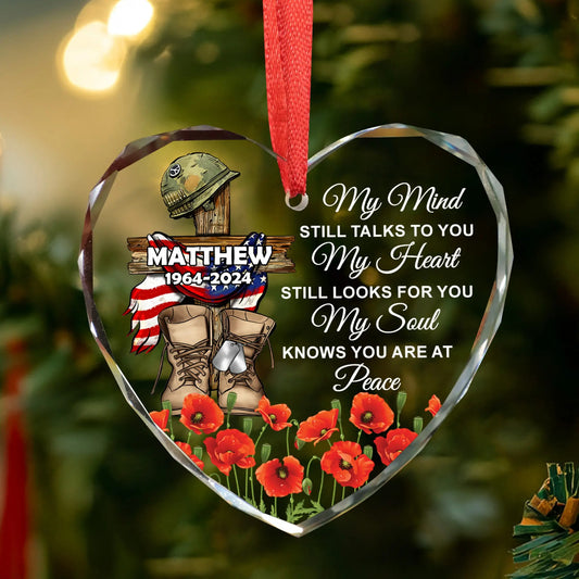 USA Veteran Memorial Cross My Mind Still Talks To You - Personalized Memorial Heart Glass Ornament