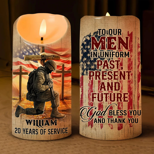 USA Veteran To Our Men In Uniform, Gift For Veteran - Personalized Led Christian Candle