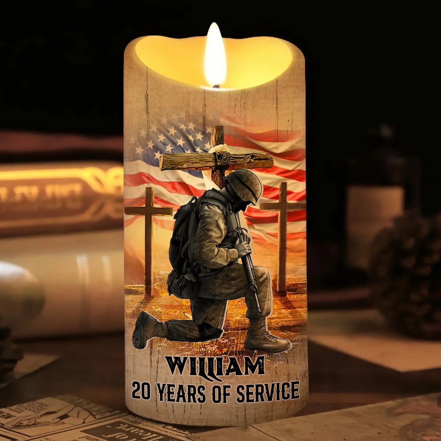 USA Veteran To Our Men In Uniform, Gift For Veteran - Personalized Led Christian Candle