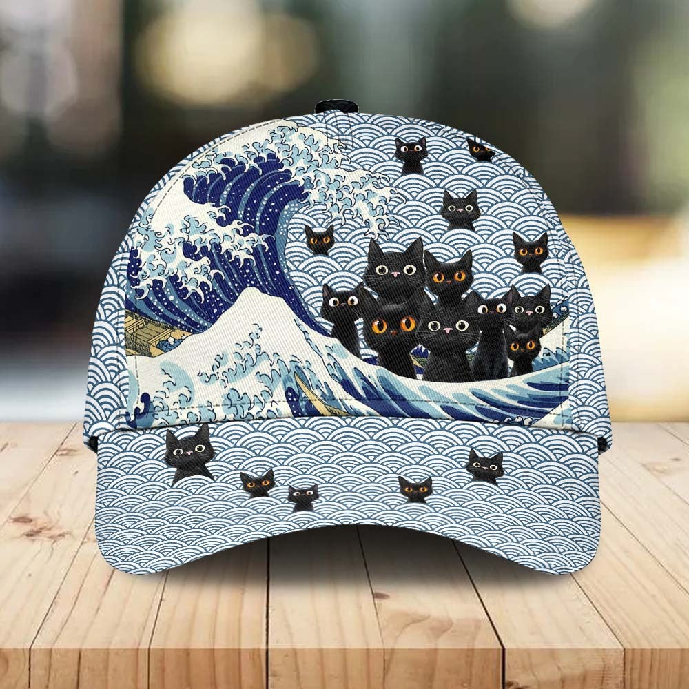 Unisex Blue Waves And Cats Over Print Classic Cap