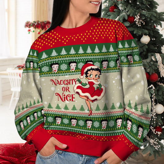 Vintage Girl Naughty Or Nice Christmas Ugly Sweatshirt