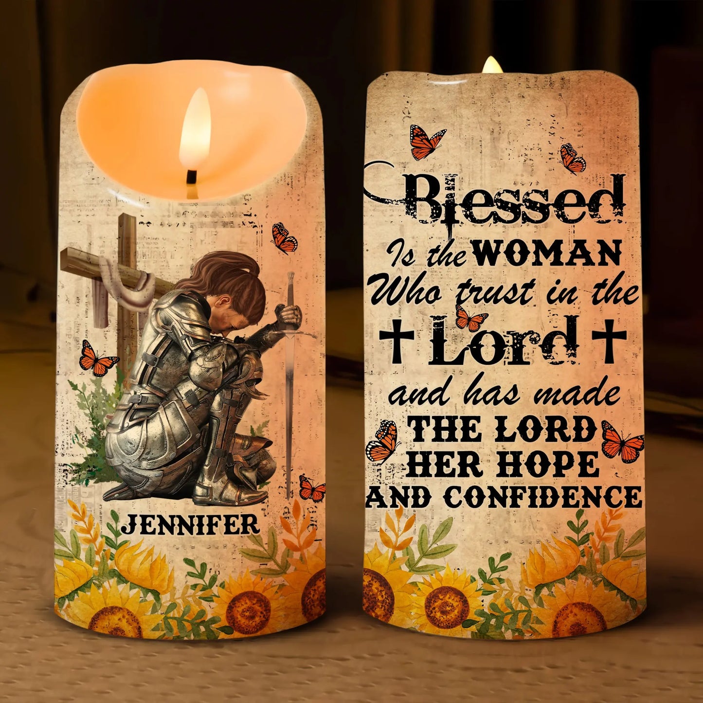 Woman Warrior Of God, Blessed Is The Woman Who Trusts In The Lord - Personalized Christian Led Candle