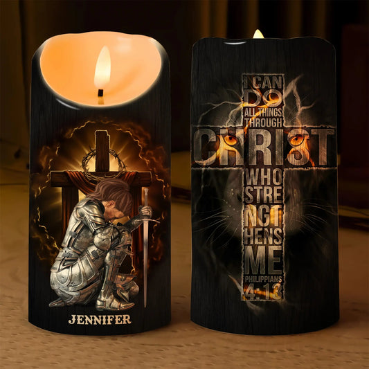 Warrior Of God, I Can Do All Things Through Christ - Personalized Christian Led Candle