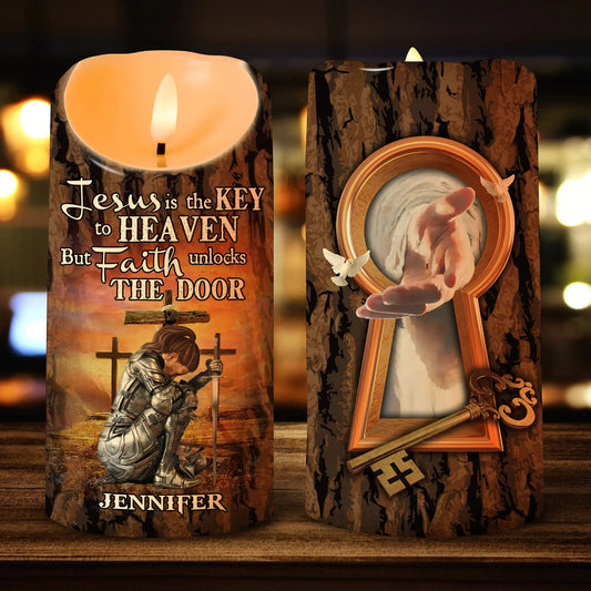 Warrior Of God, Jesus Is The Key To Heaven - Personalized Christian Led Candle