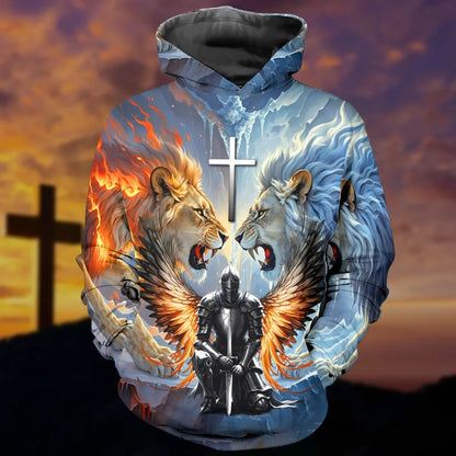 Warrior Of God, Lion Fire And Lion Ice Christian 3D All Over Print T-Shirt And Hoodie