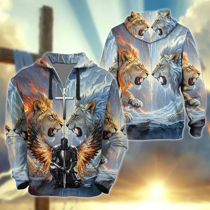 Warrior Of God, Lion Fire And Lion Ice Christian 3D All Over Print T-Shirt And Hoodie