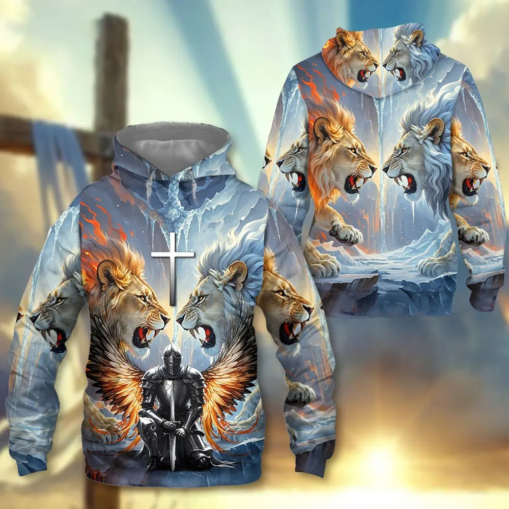 Warrior Of God, Lion Fire And Lion Ice Christian 3D All Over Print T-Shirt And Hoodie