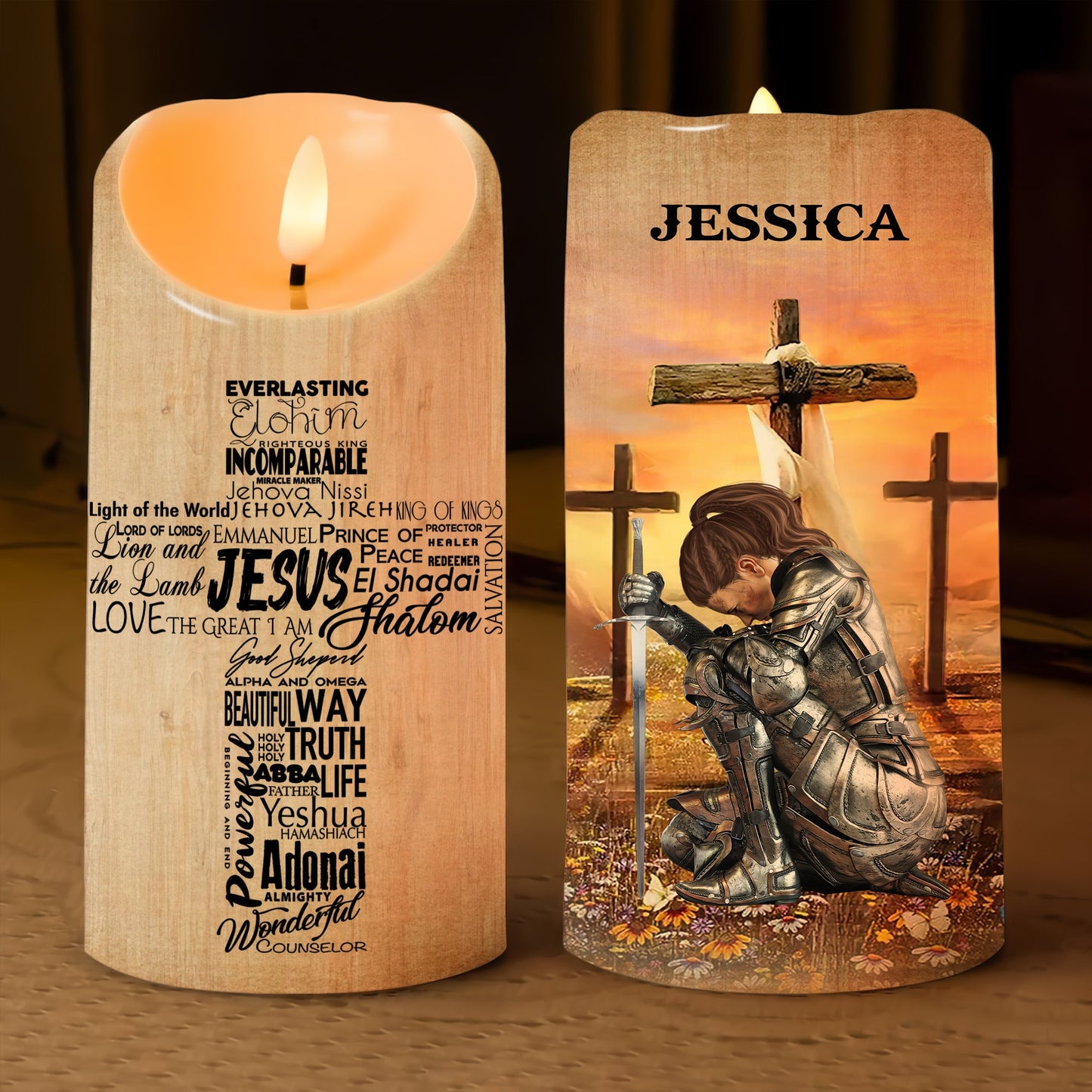 Warrior Of God, Names Of God Jesus Cross - Personalized Christian Led Candle