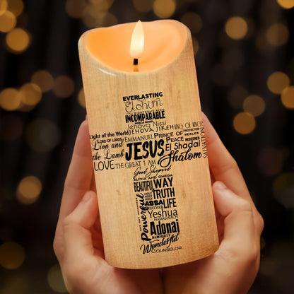 Warrior Of God, Names Of God Jesus Cross - Personalized Christian Led Candle