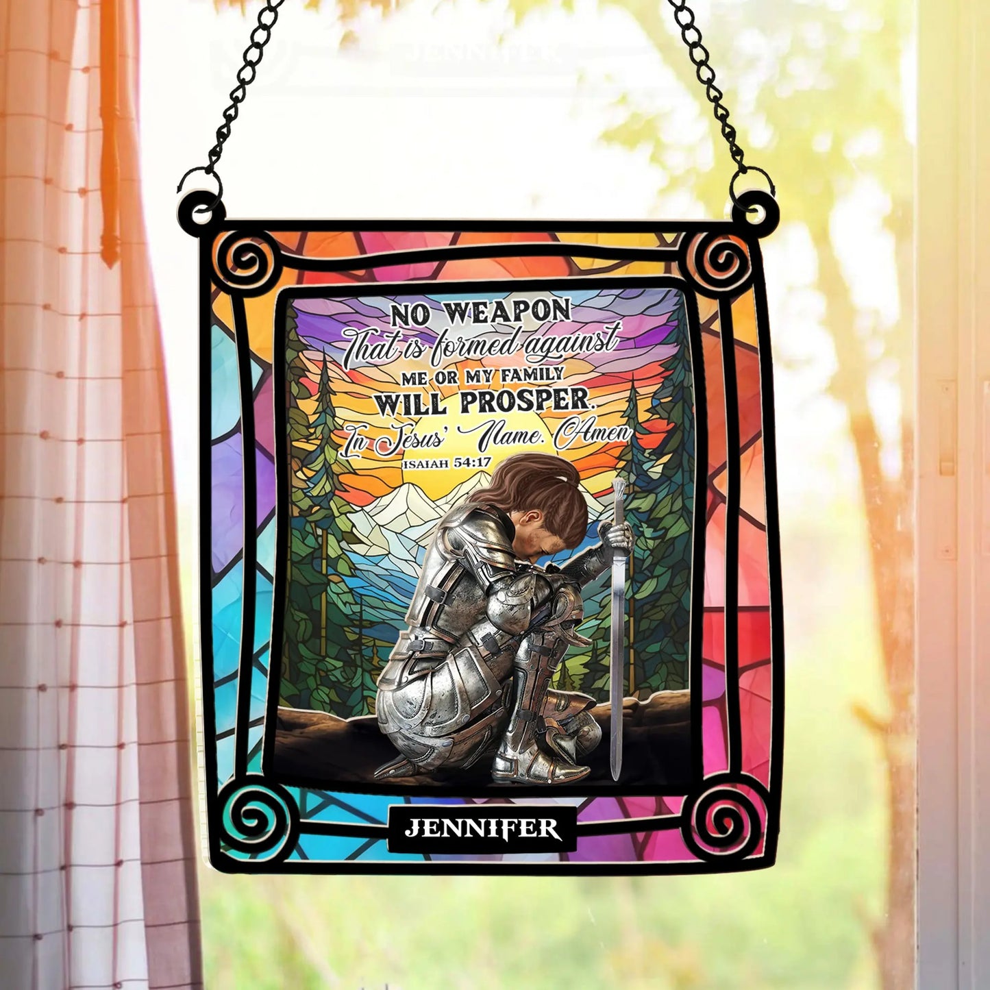 Warrior Of God, No Weapon That Is Formed Against Me Amen Isaiah 54:17 - Personalized Hanging Suncatcher Ornament