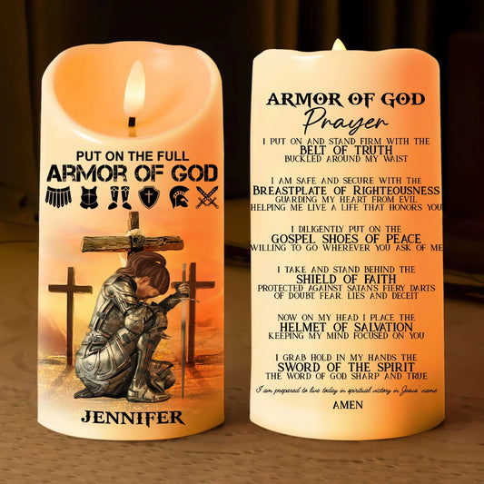 Warrior Of God, Put On The Full Armor Of God Prayer - Personalized Christian Led Candle