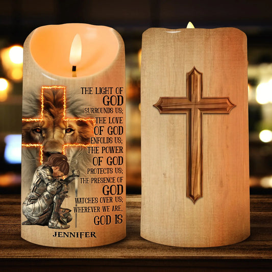 Warrior Of God, The Light Of God Surrounds Us - Personalized Christian Led Candle